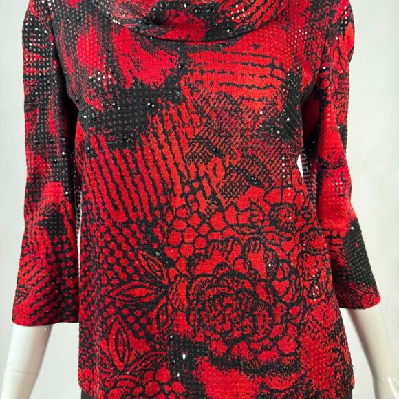 St. John Vintage Evening Red & Black Floral Sequin Knit Top Size Small - Picture 2 of 16
